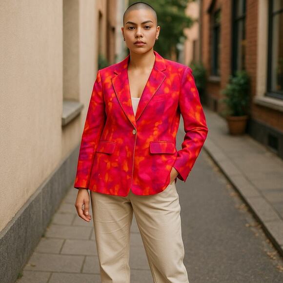 Watercolor Satin Single Button Blazer. Colorful jacket. Size-L - Picture 1 of 7